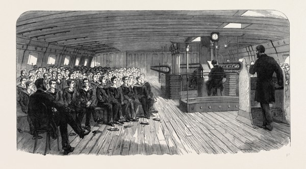DIVINE SERVICE ON BOARD THE TRAINING SHIP "INDEFATIGABLE" AT LIVERPOOL, UK, 1866