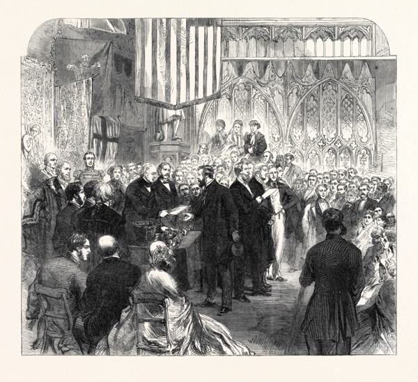 MR. PEABODY DISTRIBUTING THE PRIZES AT THE WORKING CLASSES INDUSTRIAL EXHIBITION, GUILDHALL, UK,
