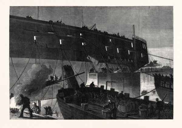 LAUNCH OF THE NORTHUMBERLAND: FIXING THE CAMELS AT NIGHT, 1866