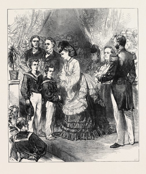 PRINCESS LOUISE GIVING THE PRIZES IN THE CLYDE TRAINING-SHIP CUMBERLAND, 1871