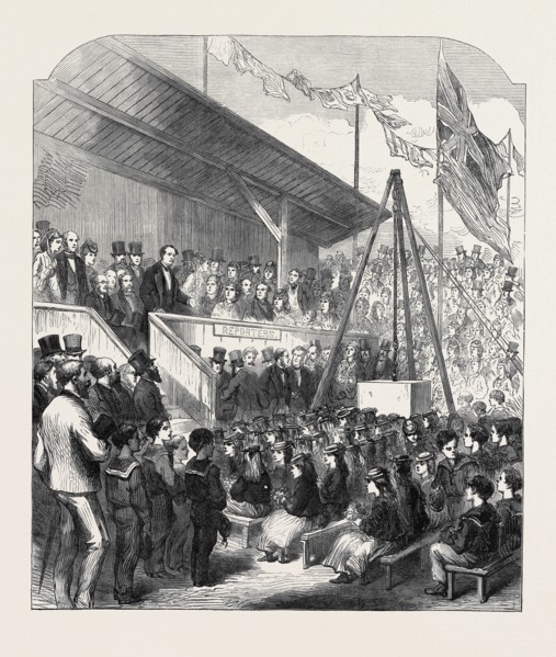 LORD DERBY LAYING THE FIRST STONE OF THE SEAMEN ORPHAN INSTITUTION, LIVERPOOL, 1871