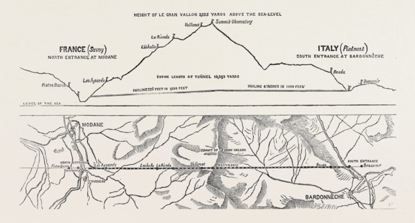PLAN AND SECTION OF THE MONT CENIS TUNNEL, 1871