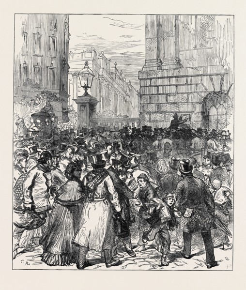 ILLNESS OF THE PRINCE OF WALES: POSTING THE BULLETIN AT THE MANSION HOUSE, 1871