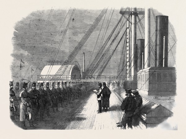 CALLING THE ROLL ON BOARD THE GREAT EASTERN SHORTLY BEFORE HER DEPARTURE FROM THE MERSEY WITH