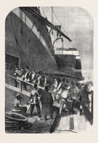 DEPARTURE OF THE GREAT EASTERN FROM THE MERSEY WITH THE CANADIAN CONTINGENT: THE SOLDIERS EMBARKING
