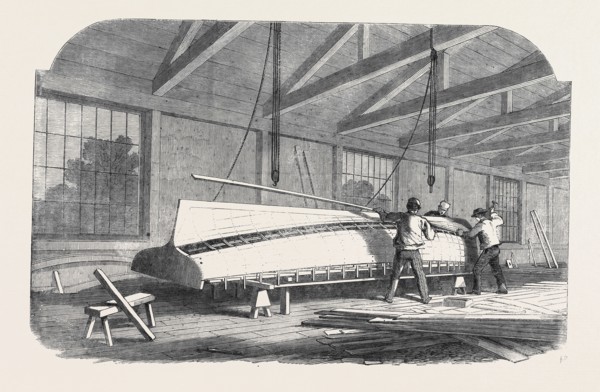 PUTTING THE PARTS TOGETHER ON THE ASSEMBLING FORM, THOMPSON'S BOATBUILDING MACHINERY