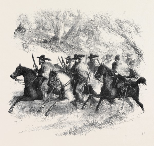 THE WAR IN AMERICA: TEXAN RANGERS (FEDERALISTS) RECONNOITRING BETWEEN ALEXANDRIA AND FAIRFAX,