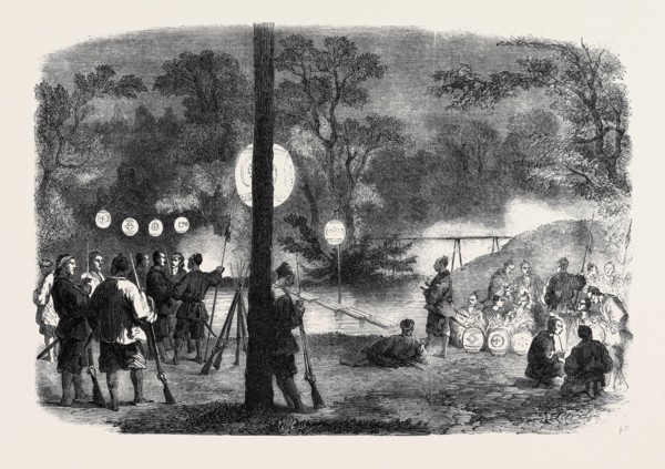 THE OUTRAGE ON THE BRITISH EMBASSY AT JEDDO, JAPAN: NIGHT BIVOUAC OF THE YACUNINS IN THE GARDEN OF