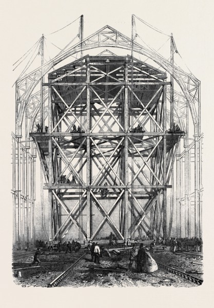 PROGRESS OF THE GREAT EXHIBITION BUILDING: THE TRAVERSING PLATFORM USED IN THE CONSTRUCTION OF THE