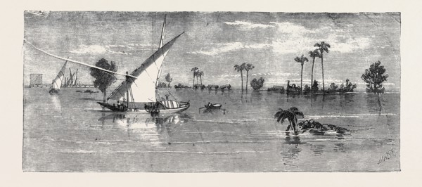 VIEW BELOW KAFR ZAYAT, SHOWING THE RAILWAY BRIDGE, AND TRAIN OFF THE LINE, INUNDATION OF THE NILE