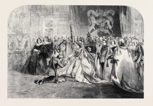 THE FIRST INVESTITURE, BY HER MAJESTY. OF THE MOST EXALTED ORDER OF THE STAR OF INDIA IN THE THRONE