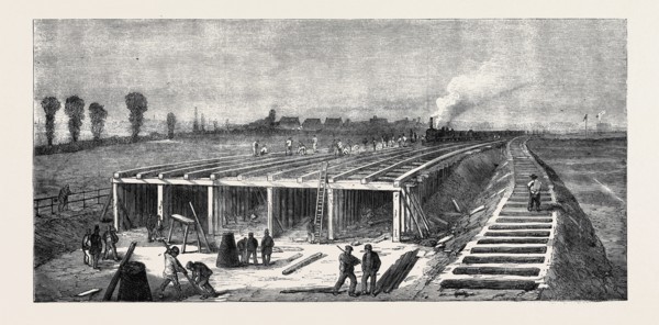 CONSTRUCTING THE CONCRETE EMBANKMENT ACROSS THE PLAISTOW MARSHES: DEPOSITING THE CONCRETE, LONDON