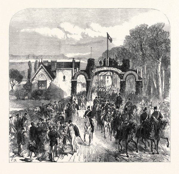 THE VOLUNTEER REVIEW AT PORTSMOUTH: THE 1ST MIDDLESEX ARTILLERY PASSING THROUGH COSHAM ON GOOD