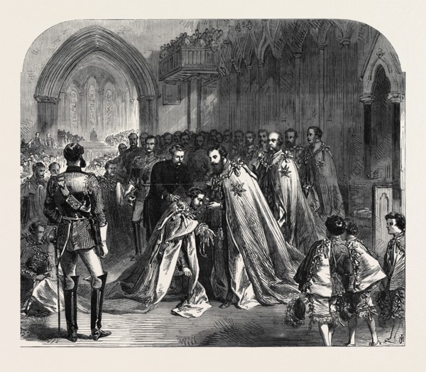THE GRAND MASTER INVESTING THE PRINCE OF WALES WITH THE ORDER OF ST. PATRICK, IN ST. PATRICK'S