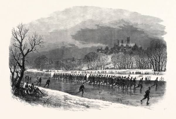 THE FIRST LINCOLNSHIRE RIFLE VOLUNTEERS TAKING A MARCH DOWN THE  RIVER WITHAM ON SKATES, JANUARY,