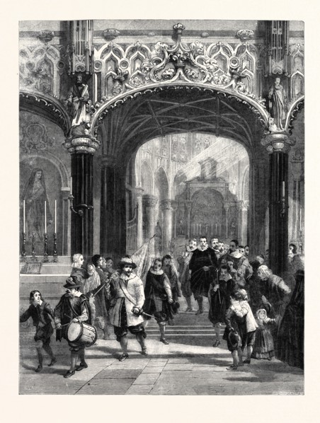 "THE CORPORATION OF ARCHERS LEAVING THE CHURCH OF LIERRE, BELGIUM, AFTER HEARING MASS ON ST.