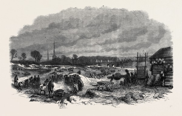 THE DISTRESS AT COVENTRY, WEAVERS EMPLOYED IN LEVELLING WITLEY COMMON AND BURNING THE GORSE, 1861