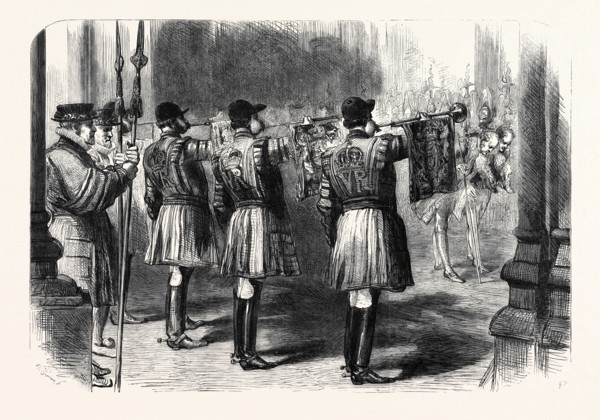 THE OPENING OP PARLIAMENT, TRUMPETERS ANNOUNCING THE APPROACH OF HER MAJESTY, FEBRUARY, 1861