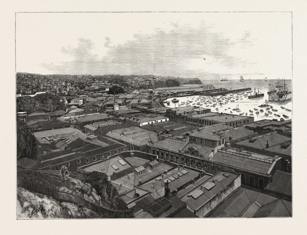 CHILE: THE PORT OF VALPARAISO, SHOWING THE CUSTOM HOUSES, DRY FLOATING DOCK, AND BUSINESS PORTION