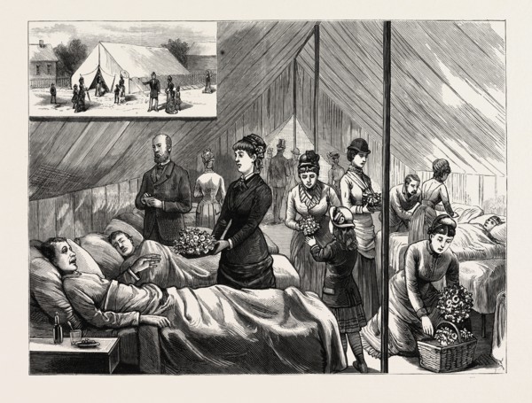 NEW YORK: LADIES OF THE FLOWER AND FRUIT MISSION WAITING UPON PATIENTS, IN THE HOSPITAL TENT ON
