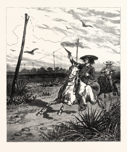 TEXAS: CATTLE HERDERS INDULGING IN REVOLVER PRACTICE ON TELEGRAPH INSULATORS