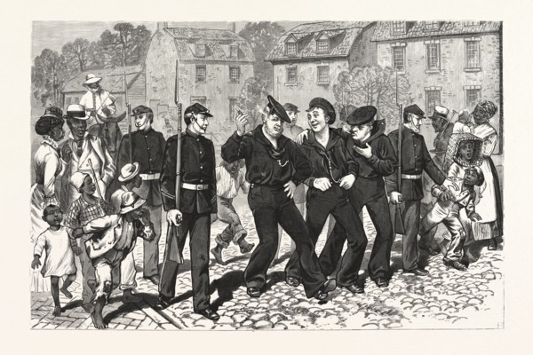 VIRGINIA: AFTER THE NAVAL REVIEW AT HAMPTON ROADS, MARINES GATHERING DELINQUENT SAILORS IN THE