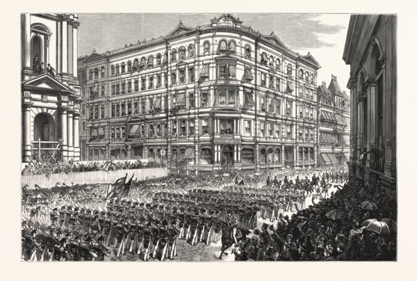 MASSACHUSETTS: THE BOSTON CELEBRATION, THE TWENTY-THIRD REGIMENT, N.G.S.N.Y., PASSING THE MAVERICK
