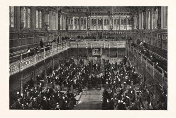 THE BRITISH PARLIAMENT: TAKING A DIVISION IN THE HOUSE OF COMMONS: THE TELLERS AT THE TABLE, UK
