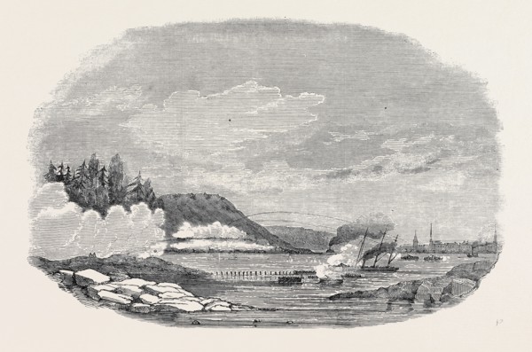 THE GUN BOAT "RUBY," AND BOATS OF "THE ARROGANT" AND "MAGICIENNE" RECONNOITRING THE STRAIT OF
