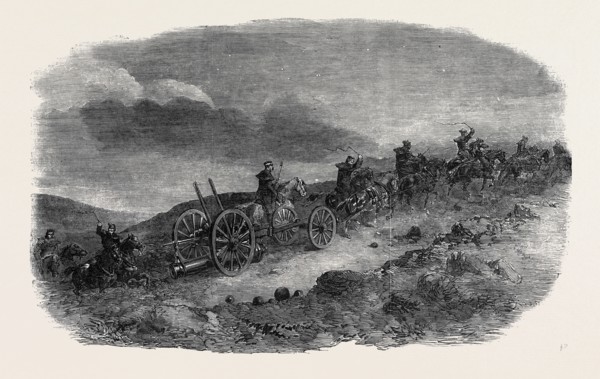 BEFORE SEBASTOPOL, ARTILLERY TAKING LANCASTER GUNS DOWN TO THE FIRST PARALLEL BY NIGHT; CRIMEAN WAR