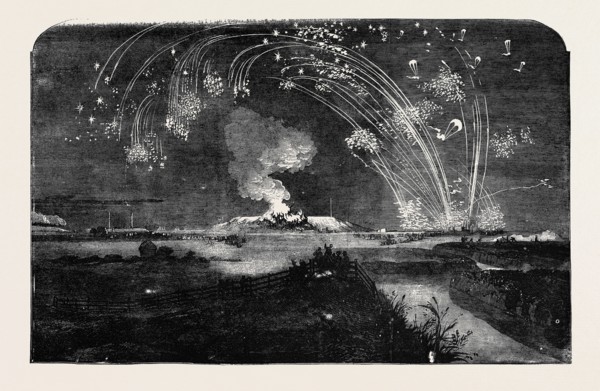 NEWS OF THE FALL OF SEBASTOPOL, SHOWER OF PARACHUTE ROCKETS AND BONFIRE, IN WOOLWICH MARSHES