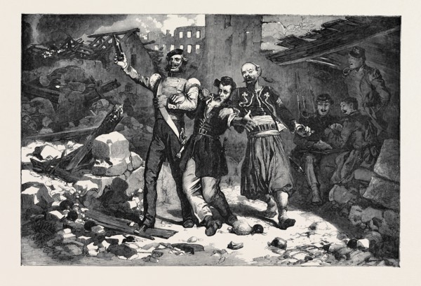 SCENE IN A STREET OF SEBASTOPOL, ALLIED SOLDIERS SINGING "NO MORE TRENCHES," TO THE AIR OF "DES