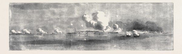 BOMBARDMENT OF KINBURN, VILLAGE ON FIRE, SKETCHED BY AN OFFICER OF THE EXPEDITION