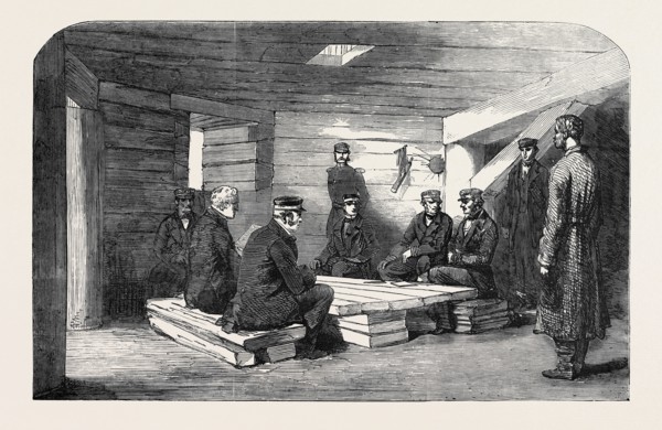 ADMIRALS SIR E. LYONS AND SIR HOUSTON STEWART, WITH OTHER OFFICERS, IN A CASEMATE IN THE SPIT