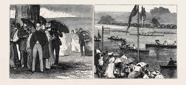 HENLEY REGATTA; LEFT: THE HENLEY SHOWER, RIGHT: VIEW OF THE COURSE FROM THE LAWN