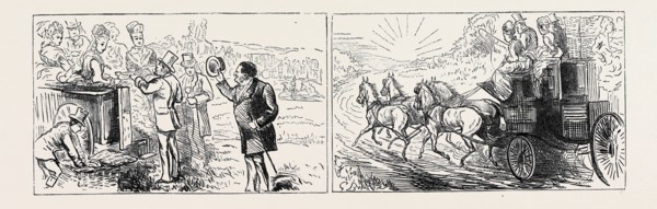 LEFT: THE OLD BORE WHO ALWAYS APPEARS AT LUNCHEON TIME, RIGHT: HOME ON COUSIN TOM'S COACH; GOODWOOD