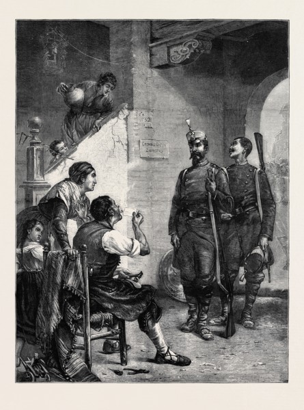 BILLETED, SPAIN, 1874, FROM THE PICTURE BY HAYNES WILLIAMS IN THE EXHIBITION OF THE ROYAL ACADEMY
