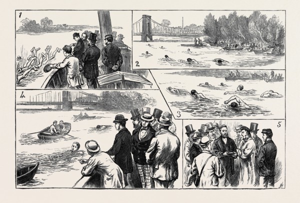 SWIMMING MATCH IN THE THAMES FOR THE AMATEUR CHAMPIONSHIP; 1. The Plunge. 2. The Race: Hammersmith