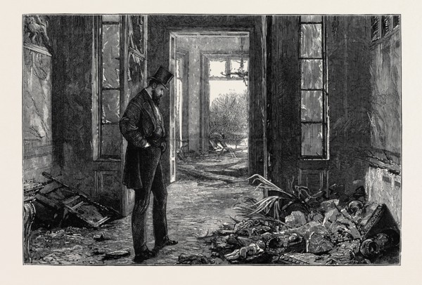 AFTER THE EXPLOSION, WRECK OF A COLLECTION OF BAS RELIEFS, CHINA, CARVINGS, ETC., IN MR.