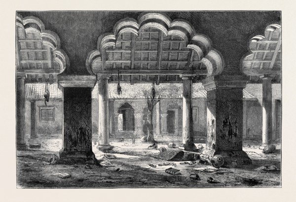 THE REPORTED CAPTURE OF NANA SAHIB, VIEW OF THE COURT AT CAWNPORE WHERE THE MASSACRE TOOK PLACE,