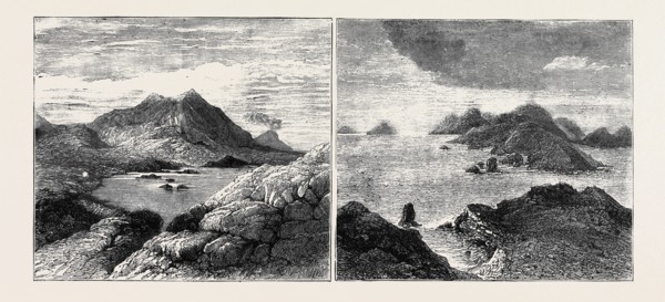 SKETCHES IN THE LIPARI ISLANDS: LEFT IMAGE: VULCANELLO (EXTINCT CRATER), WITH STROMBOLI IN THE