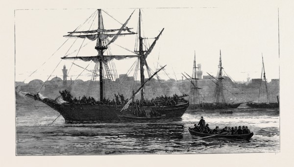 THE CRISIS IN EGYPT: REFUGEES EMBARKING ON BOARD A NATIVE COASTER AFTER THE RECENT RISING AT