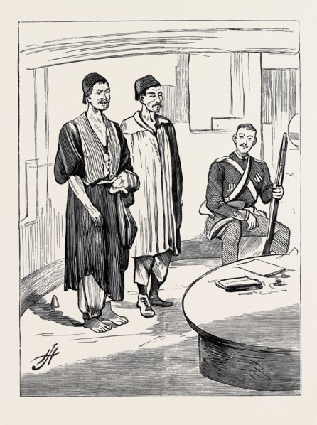 THE WAR IN EGYPT: ON BOARD H.M.S. "SEAGULL", THE FIRST PRISONERS BROUGHT IN AFTER THE ENGAGEMENT AT