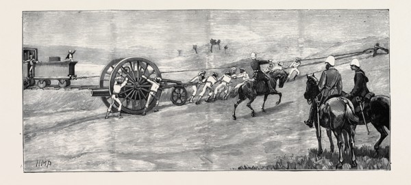 THE WAR IN EGYPT: BLUE-JACKETS FROM H.M.S. "INCONSTANT" HAULING INTO POSITION AT RAMLEH A 7-TON GUN