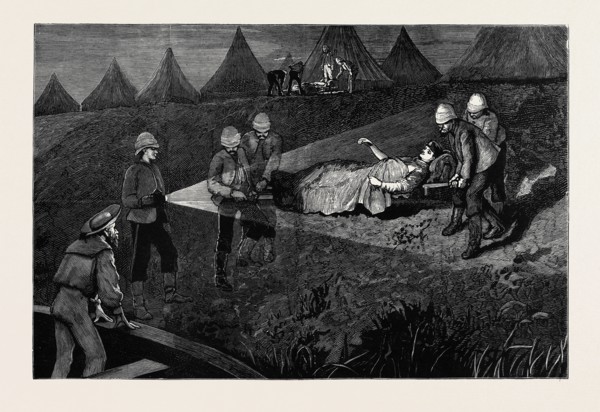THE WAR IN EGYPT: LIEUTENANT PURVIS, COMMANDER OF THE IRONCLAD TRAIN, BEING TAKEN TO HOSPITAL AFTER