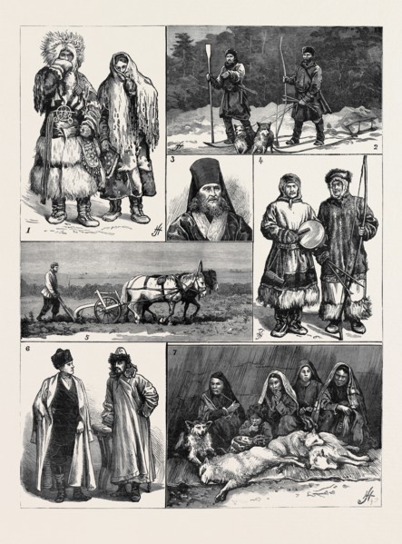 SOME NATIONAL TYPES IN WESTERN SIBERIA: 1. Yurak Samoyede Man and Woman; 2. Russian Peasant Exiles