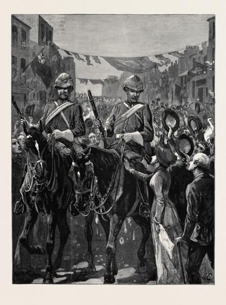 THE RETURN OF THE TROOPS FROM EGYPT: THE ROYAL HORSE GUARDS (BLUE) ON THEIR WAY TO THE ALBANY