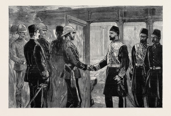 THE RETURN OF THE DUKE OF CONNAUGHT, THE KHEDIVE TAKING LEAVE OF HIS ROYAL HIGHNESS AT THE CAIRO