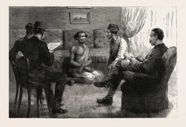 THE REBELLION IN THE SOUDAN (SUDAN): GENERAL SARTORIUS EXAMINING AT SUAKIM A MESSENGER WHO HAD