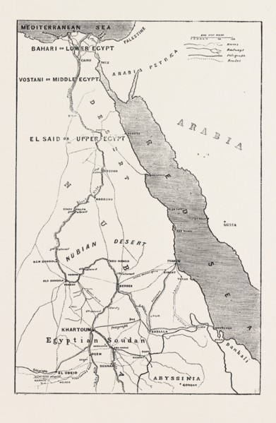 THE REBELLION IN THE SOUDAN (SUDAN): MAP SHOWING UPPER EGYPT AND THE SEAT OF THE REVOLT, THE ROUTES